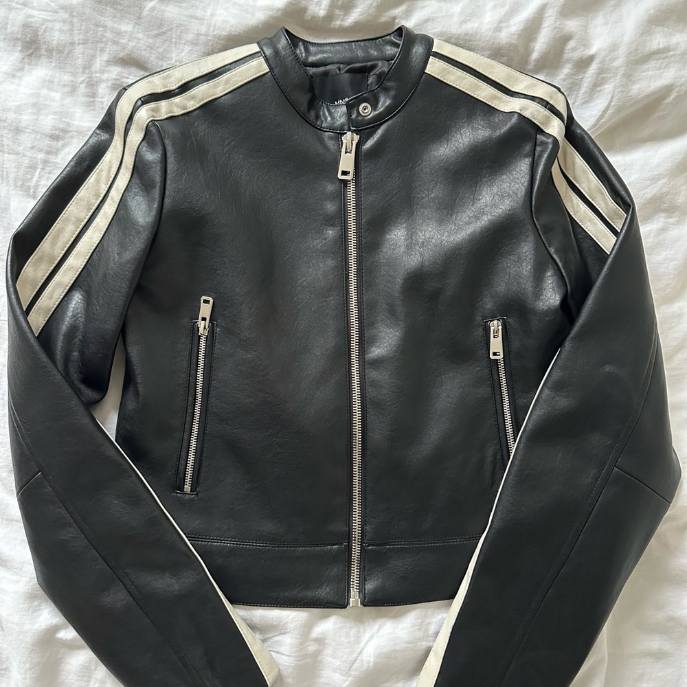 MANGO black faux leather striped moto jacket